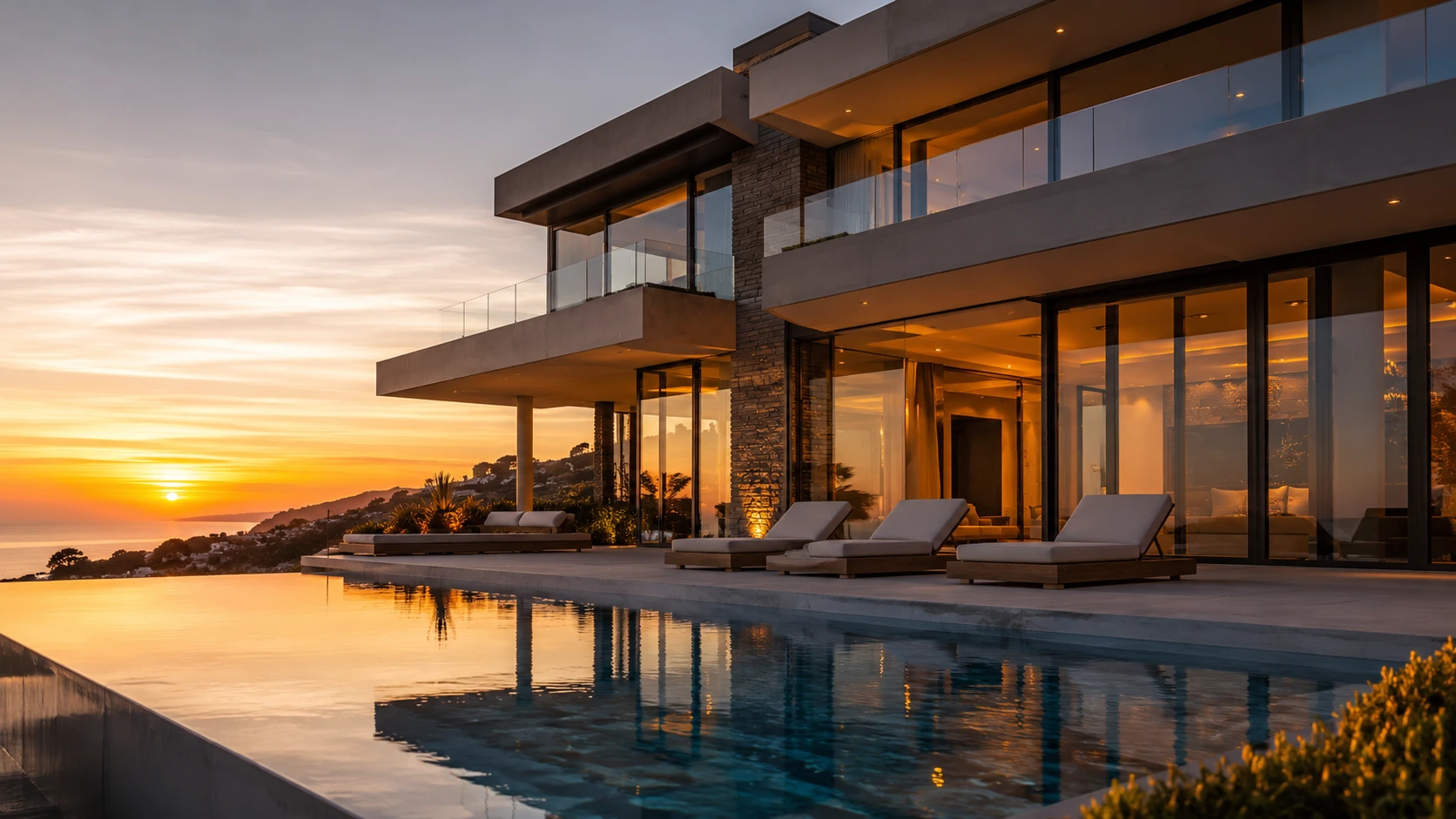Modern luxury home at sunset with an infinity pool